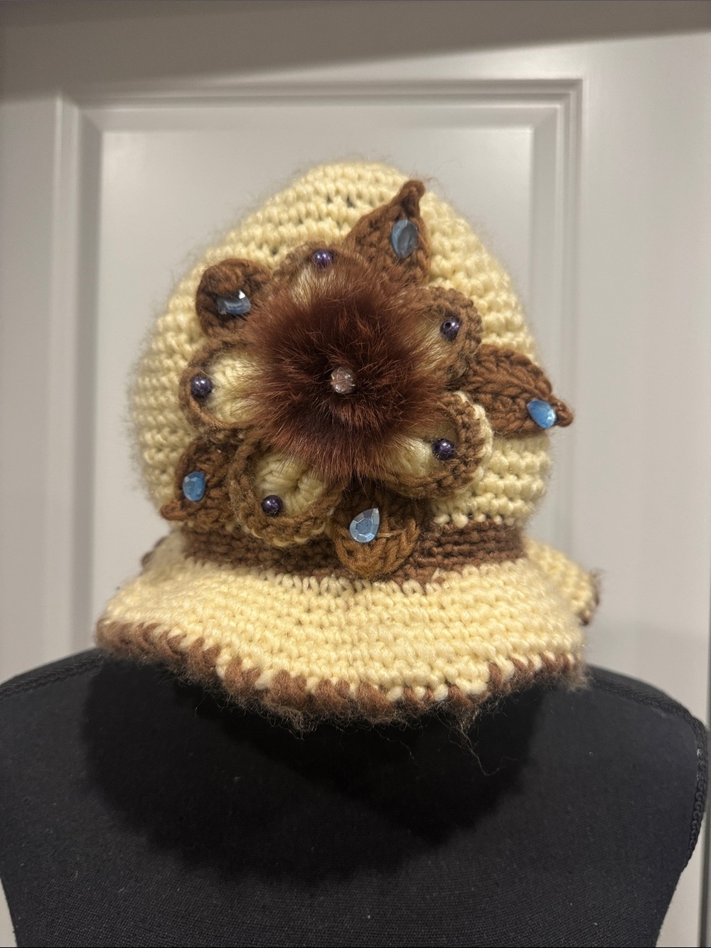 Handmade Cream & Brown Knit Women's Cloche Hat with real fur Floral Accent